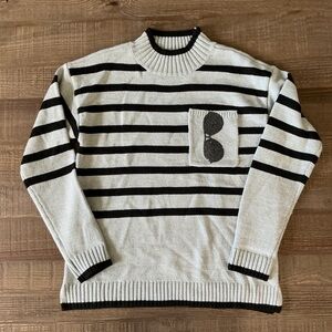 Karl Lagerfeld Black and White Women's Striped Mock-Neck Sunglasses Sweater